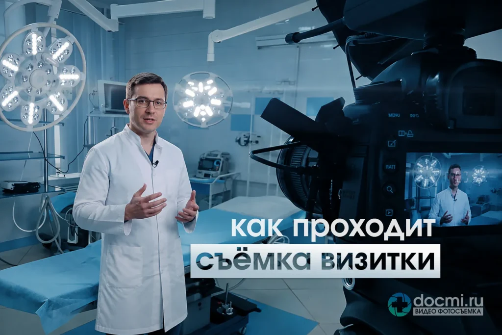 Процесс профессиональной видеосъёмки врача для создания видеовизитки